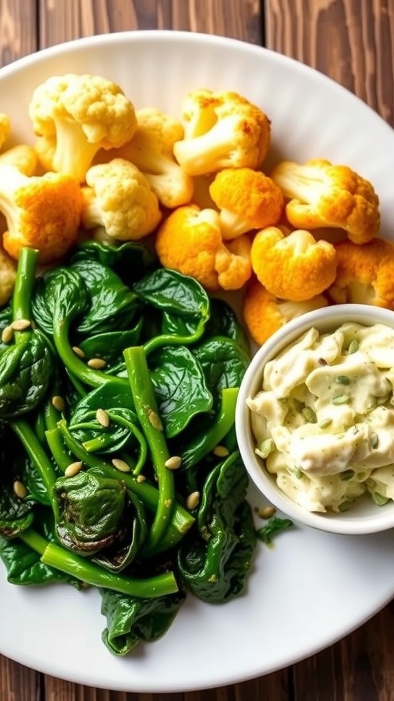 Delicious Zero Carb Keto Side Dishes A colorful assortment of zero carb keto side dishes including sautéed spinach, roasted cauliflower, and creamy coleslaw on a wooden table.